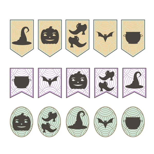 Drapeaux d'Halloween avec des silhouettes : citrouille, chauve-souris et chaussures de sorcière, chapeau, pot. Icônes noires sur le motif. Illustration vectorielle . — Image vectorielle