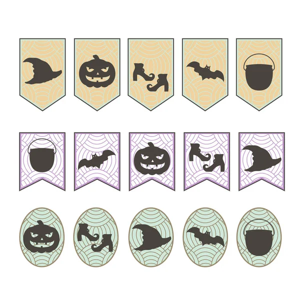 Banderas en Halloween con siluetas: un murciélago, calabaza y zapatos de bruja, sombrero, olla. Iconos negros en el patrón. Ilustración vectorial . — Vector de stock