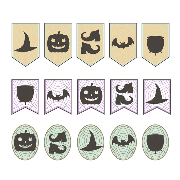 Banderas en Halloween con siluetas: zapatos de bruja, sombrero, olla y calabaza, murciélago. Iconos negros en el patrón. Ilustración vectorial . — Vector de stock