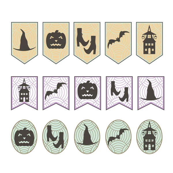 Las banderas a la fiesta de halloween con las siluetas: el murciélago, la calabaza y las brujas la casa, el sombrero, el zapato. Iconos negros en el patrón. Ilustración vectorial . — Vector de stock