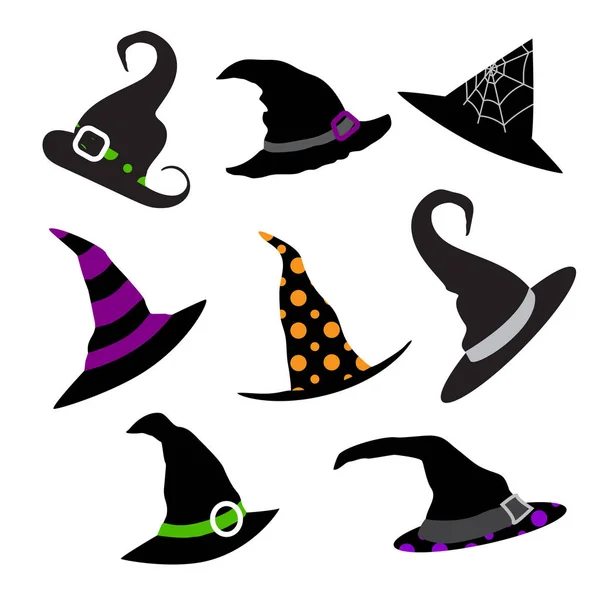 Vektor-Silhouetten farbiger Hexenhüte auf weißem Hintergrund. Halloween-Party. — Stockvektor