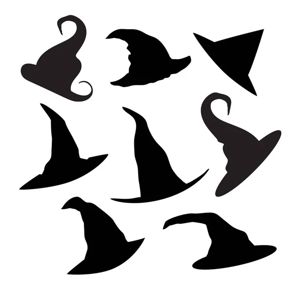 Conjunto de siluetas vectoriales de sombreros de brujas sobre fondo blanco. Fiesta de Halloween . — Archivo Imágenes Vectoriales