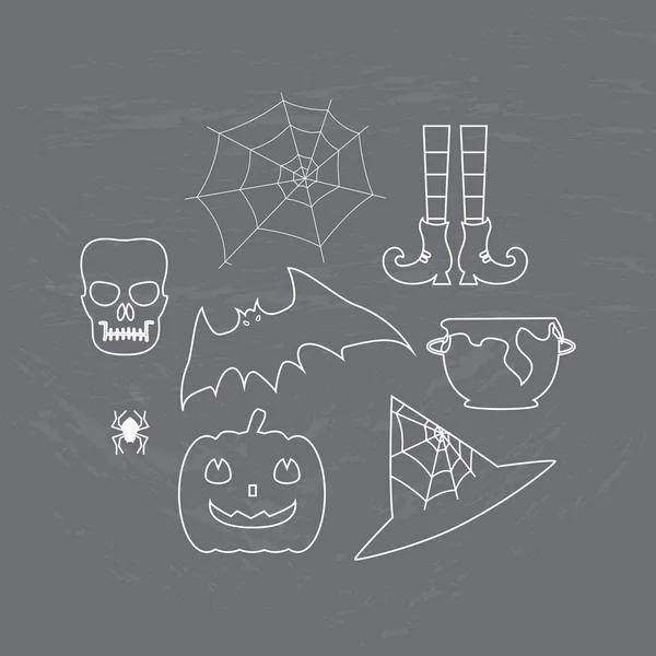 Conjunto de Halloween capa blanca en la placa de circuito: murciélago, calabaza, cráneo, araña, tela, medias de bruja con zapatos, sombrero, olla. Ilustración vectorial . — Vector de stock