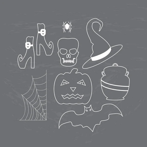 Halloween instellen witte coating op de printplaat: spin, web, vleermuis, schedel, pompoen, heks kousen met schoenen, hoed, een pot. Vectorillustratie. — Stockvector