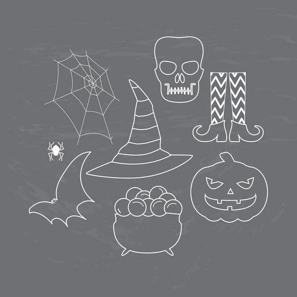 Halloween instellen witte coating op de printplaat: vleermuis, schedel, pompoen, spin, web, witch kousen met schoenen, hoed, een pot. Vectorillustratie. — Stockvector