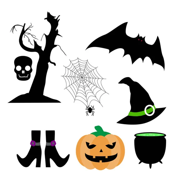 Conjunto de siluetas: calabaza, murciélago, árbol dibujado a mano, calavera, araña, telaraña, maceta de brujas, sombrero, medias con zapatos. Ilustración vectorial color Halloween aislado sobre fondo blanco . — Archivo Imágenes Vectoriales