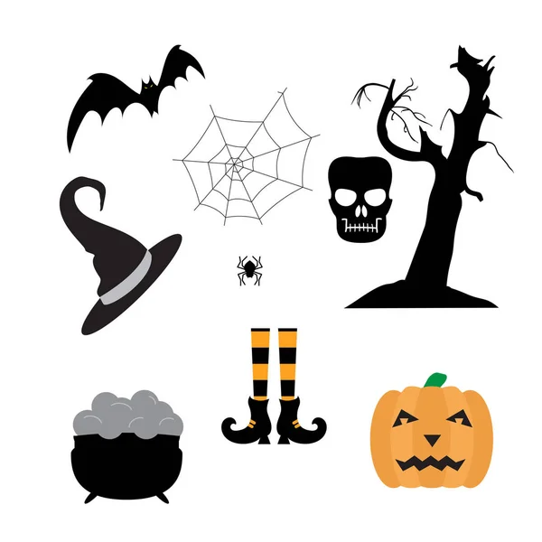 Conjunto de siluetas: árbol dibujado a mano, calabaza, murciélago, cráneo, araña, telaraña, maceta de brujas, sombrero, medias con zapatos. Ilustración vectorial color Halloween aislado sobre fondo blanco . — Vector de stock