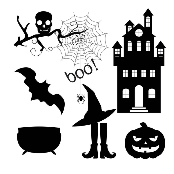 Halloween set van silhouetten: schedel, spin, spinnenweb, hand getekende boom, pompoen, vleermuis, heksen pot, hoed, kousen met schoenen, kasteel. Vectorillustratie geïsoleerd op witte achtergrond. — Stockvector