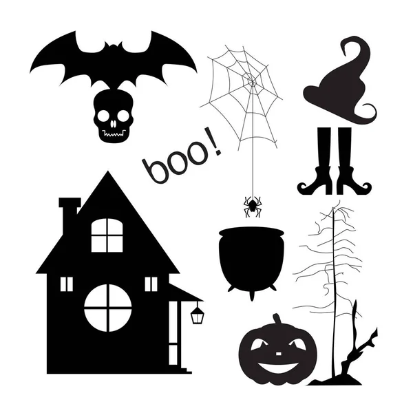 Silhouetten-Set: Kürbis, Fledermaus, handgezeichneter Baum, Totenkopf, Spinne, Spinnwebe, Hexentopf, Hut, Strümpfe mit Schuhen, Haus. Halloween-Vektorabbildung isoliert auf weißem Hintergrund. — Stockvektor