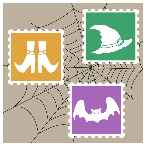 Sellos postales de imitación vectorial con siluetas como personajes de Halloween en el fondo de spiderweb. Murciélago, sombrero de brujas y zapatos . — Vector de stock