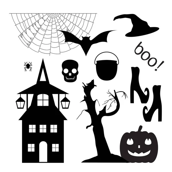 Halloween set van silhouetten: spinnenweb, pompoen, vleermuis, hand getekende boom, schedel, spinnen, heksen pot, hoed, kousen met schoenen, kasteel. Vectorillustratie geïsoleerd op witte achtergrond. — Stockvector