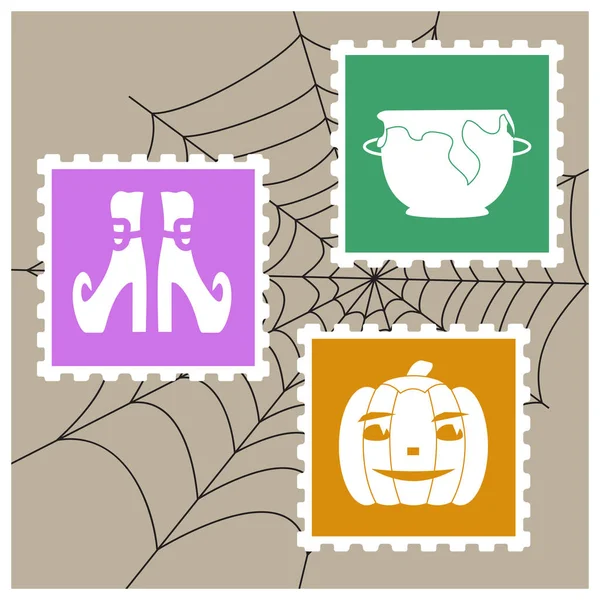 Vektor-Nachahmung Briefmarken mit Silhouetten als Halloween-Zeichen: Kürbis, Hexentopf und Schuhe auf dem Hintergrund des Spinnennetzes. — Stockvektor