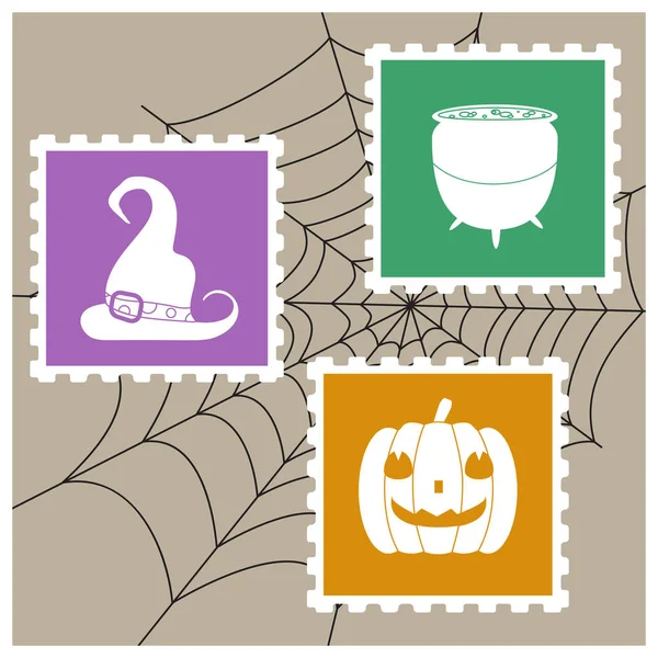 Sellos postales de imitación vectorial con siluetas como personajes de Halloween: calabaza, sombrero de bruja y zapatos en el fondo de telaraña . — Vector de stock