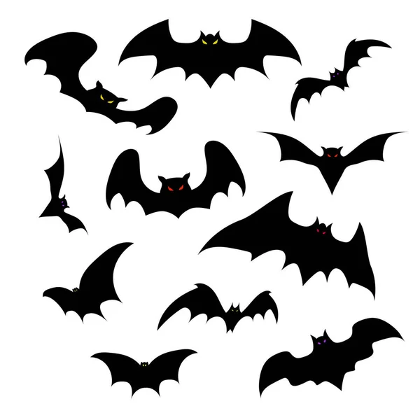 Conjunto de silhuetas vetoriais de morcegos com olhos brilhantes sobre um fundo branco. Festa de Halloween . Ilustração De Stock