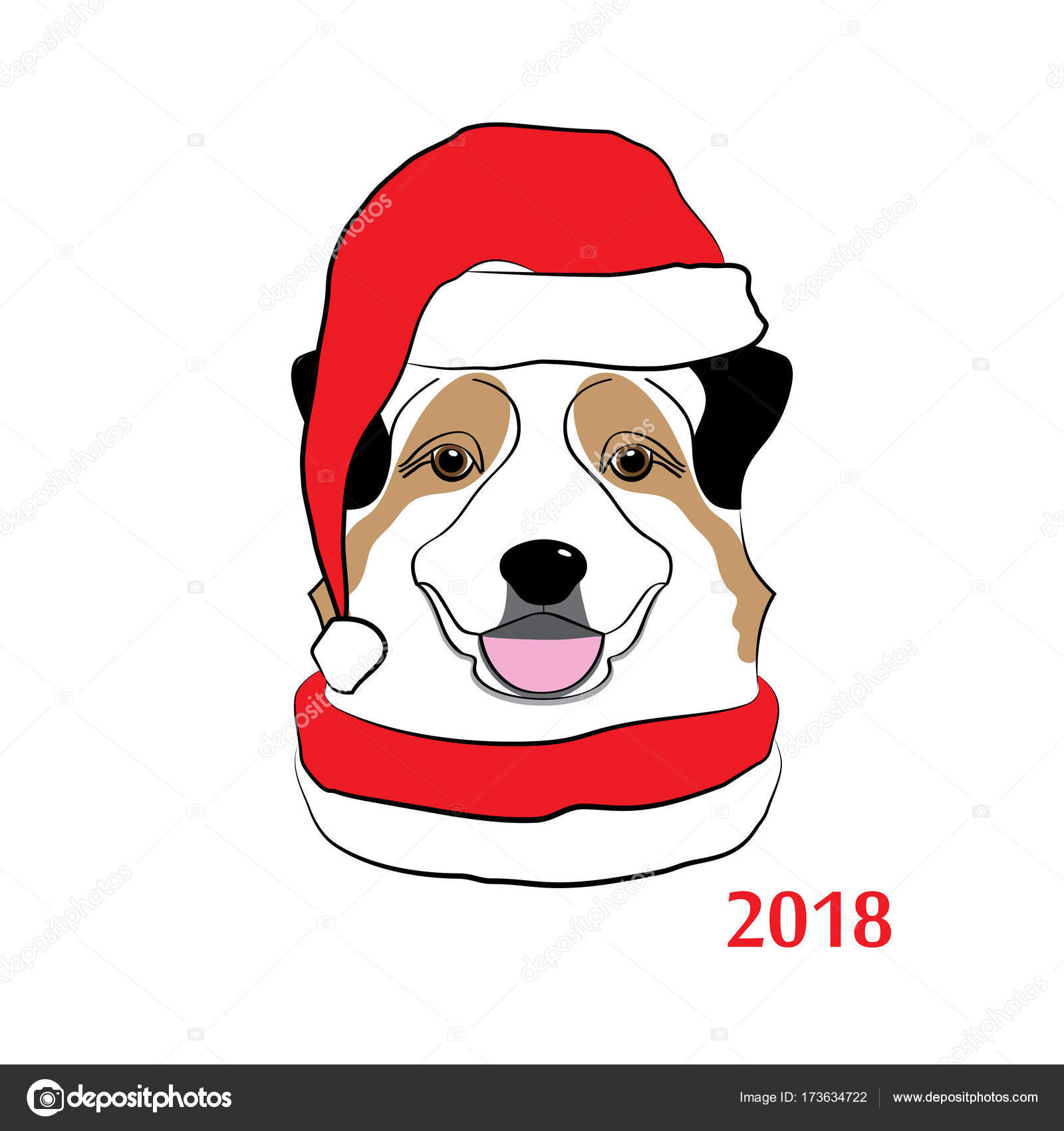 Mano colorata disegnare schizzo della testa di pastore australiano in sciarpa e cappello di Babbo Natale Illustrazione di vettore — Vettoriali di