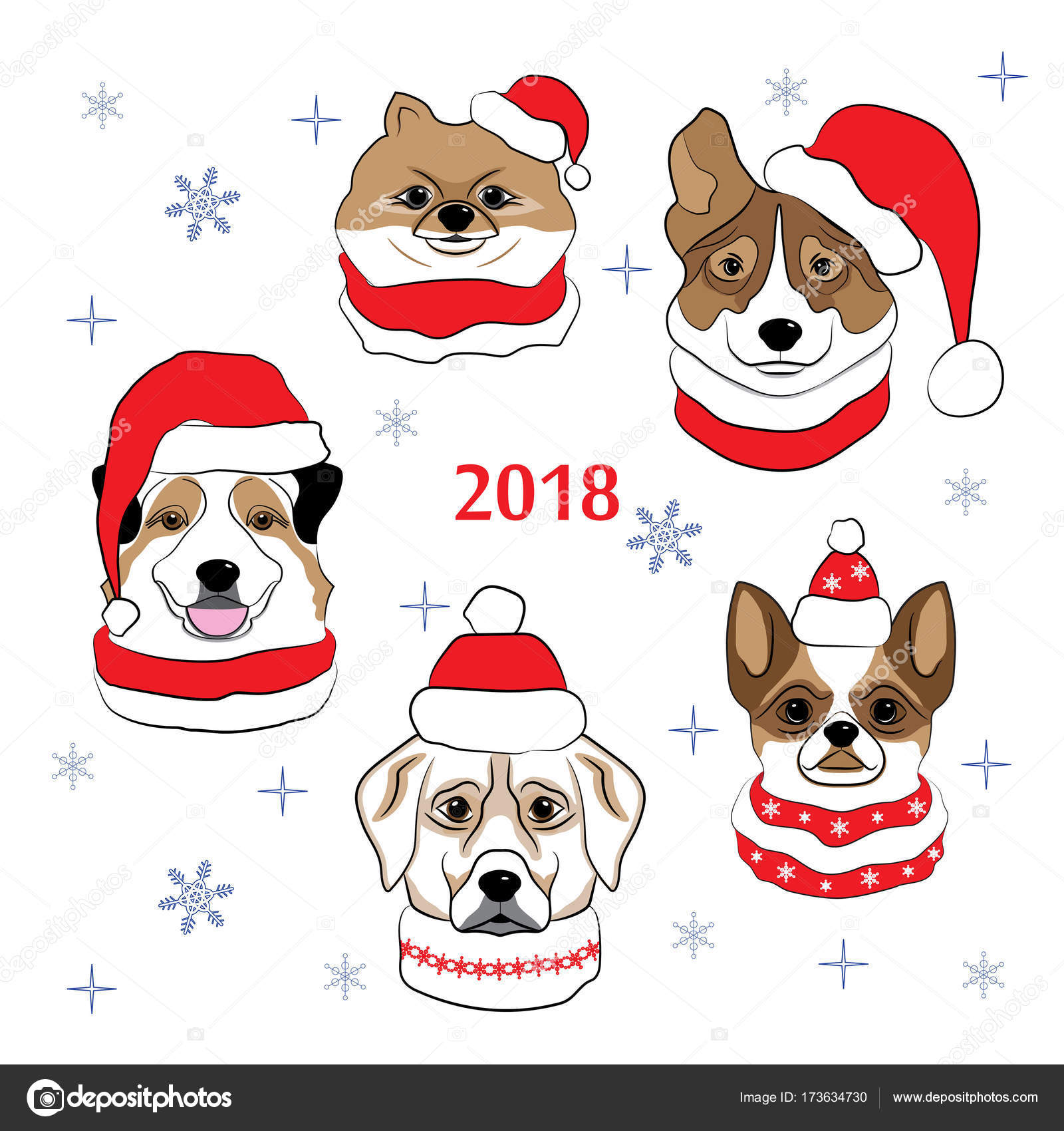 Colored Head Of Dog In Santa Claus Hat And Scarf Set Of
