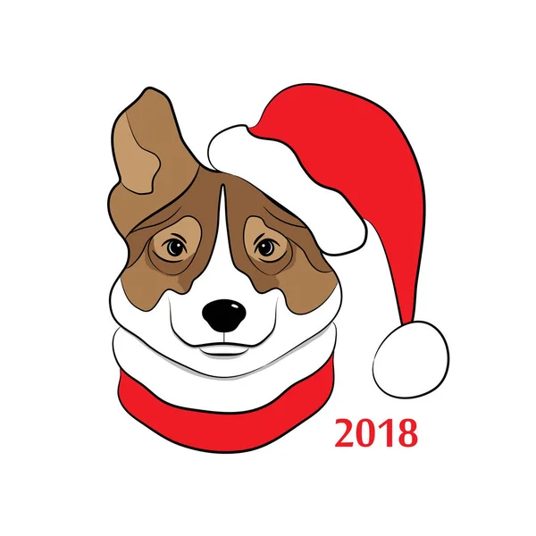 Hund ist Symbol des Jahres 2018. farbige Handzeichnung des Kopfes eines australischen Schäfers in Weihnachtsmann-Mütze und Schal. Vektorillustration. — Stockvektor