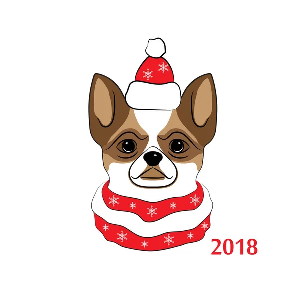 Pies jest Symbol 2018 roku. Kolorowe ręcznie rysować szkic głowy Chihuahua w Santa Claus kapelusz i szalik. Ilustracja wektorowa. — Wektor stockowy