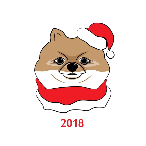 Hund ist Symbol des Jahres 2018. farbige Skizze eines Pommernspitzkopfes in Weihnachtsmann-Mütze und Schal. Vektorillustration. — Stockvektor