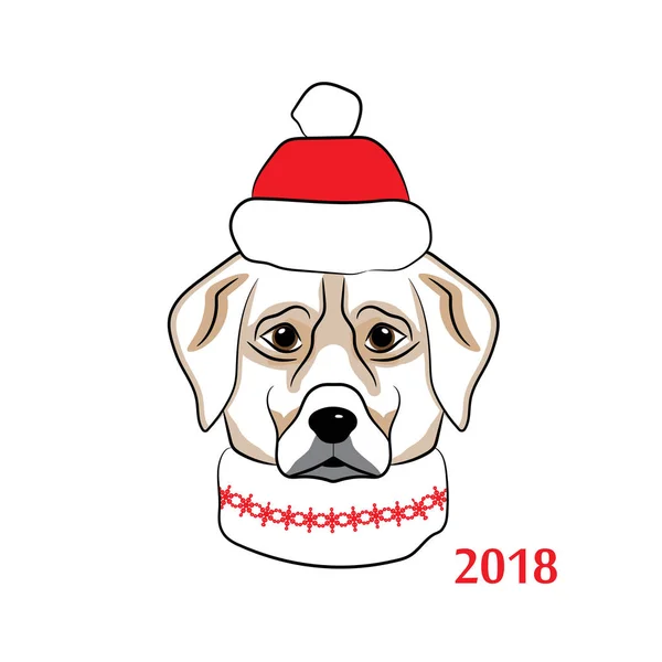 Hund ist Symbol des Jahres 2018. farbige Skizze eines Labradorkopfes in Weihnachtsmann-Mütze und Schal. Vektorillustration. — Stockvektor