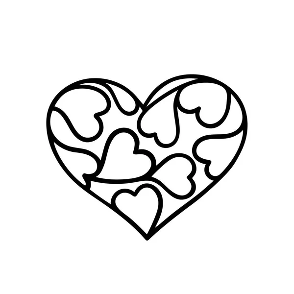 Contorno corazón desde los contornos de los corazones pequeños. Dibuja a mano Doodle. Ilustración vectorial en blanco y negro . — Vector de stock