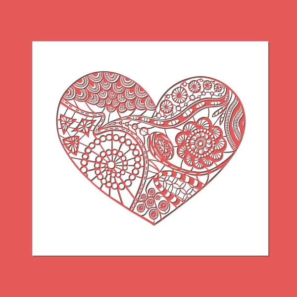 Valentine's Day openwork white paper card. Stencil design with hand draw doodle heart. Laser decoration template for greeting cards, invitations. Vector illustration. — Stock Vector