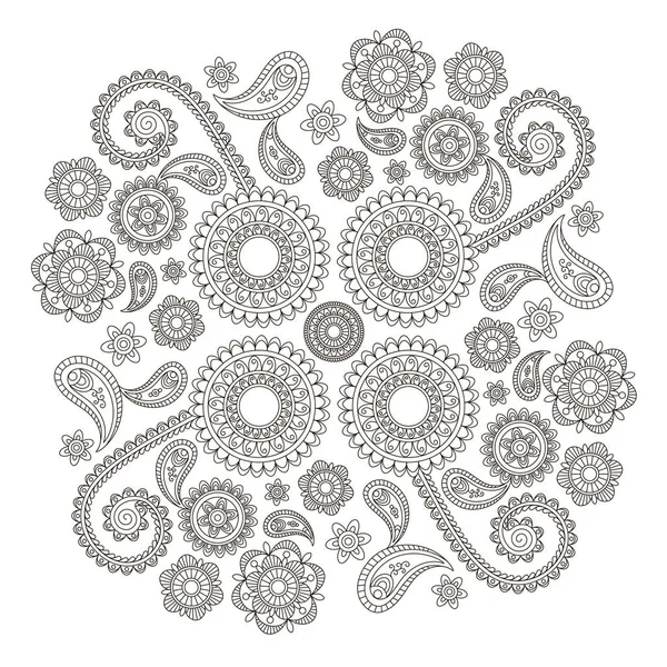 Indiai virágmintás mehndi stílusban. Fekete-fehér vektoros illusztráció. Színező oldal felnőttek számára. — Stock Vector