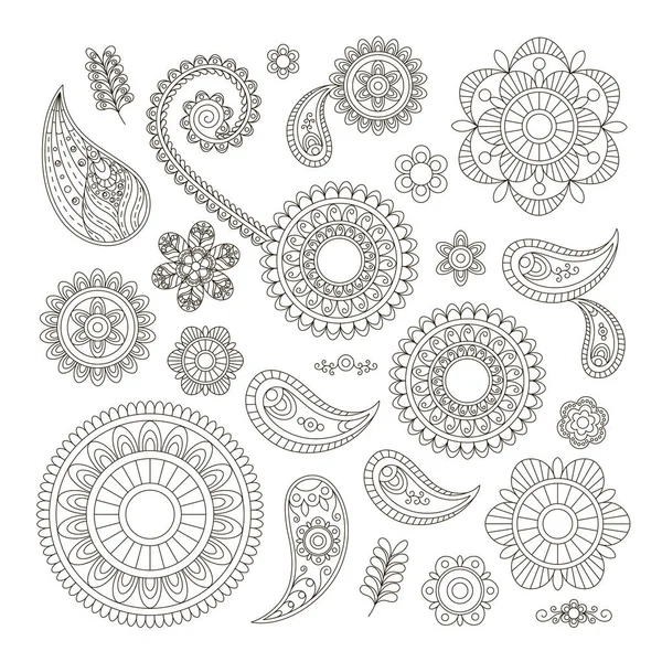 Zestaw elementów streszczenie projektu w stylu Indian mehndi: henna kwiaty i paisley. Wektor czarno-biały ilustracja. — Wektor stockowy
