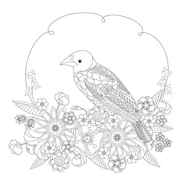 Fantezi çiçekler kuş. Ploceus cucullatus Afrika. Yetişkinler ve çocuklar için boyama kitabı. Siyah ve beyaz vektör çizim.