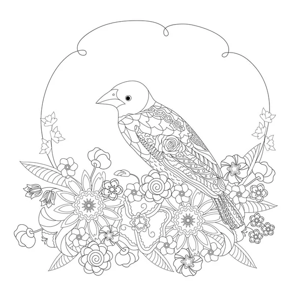 Oiseau fantastique en fleurs. Ploceus cucullatus d'Afrique. Livre à colorier pour adultes et enfants. Illustration vectorielle noir et blanc . — Image vectorielle