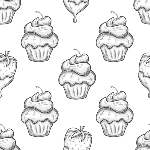 Cupcakes en aardbei naadloze patroon — Stockvector