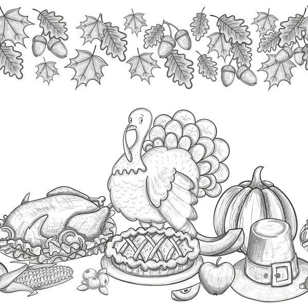 Bordure horizontale sans couture avec icônes de Thanksgiving — Image vectorielle