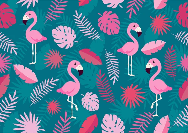 Kumaş tebrik kartları, yastık kılıfları ve kağıt bardaklar için çok renkli yaprakların ve pembe flamingonun vektör görüntüsü