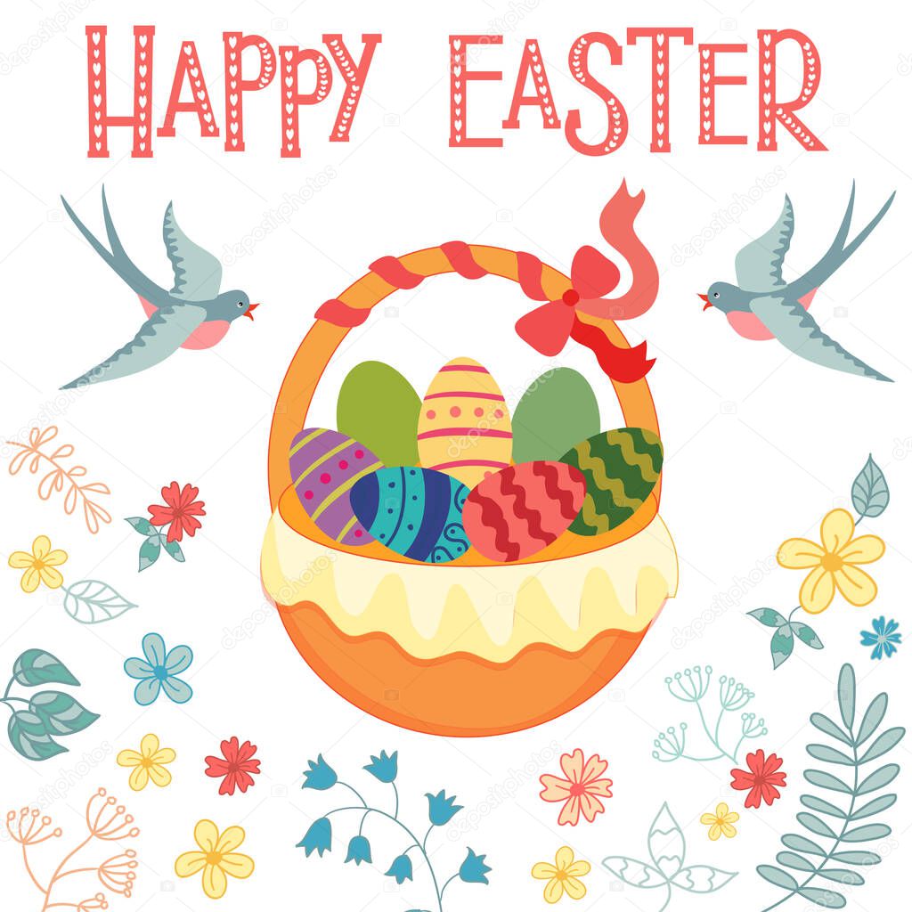 Easter greeting card with vector image of lettering, easter basket, colored eggs, swallows and floral pattern.