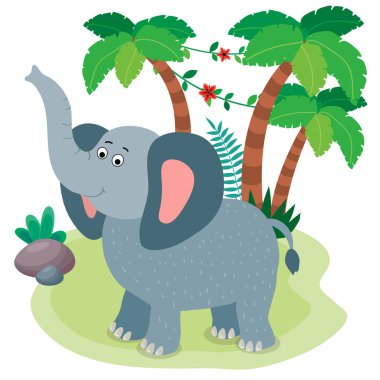 Beyaz arka planda Afrikalı hayvanların vektör çizimi. Çizgi film tarzında şirin bir fil..