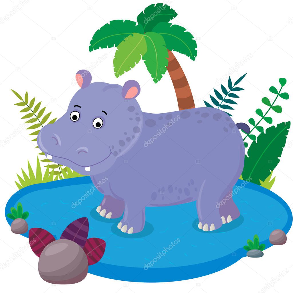 Vector illustration with african animals on a white background. Cute hippo in cartoon style.