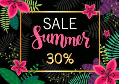 Tropikal yaprakları, egzotik çiçekleri ve pembe flamingoları olan vektör çizimi. Kusursuz desen. Yaz indirimi. Yazıtlar. Satışlar için arkaplan.