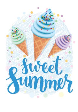 Parlak dondurma külahlarının vektör çizimi. Kumaşlar, tişörtler, davetiyeler, pankartlar ve partiler için desen.
