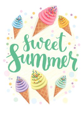 Parlak dondurma külahlarının vektör çizimi. Kumaşlar, tişörtler, davetiyeler, pankartlar ve partiler için desen.