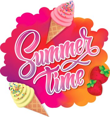 Çok renkli harflerin vektör görüntüsü. Yaz ve çilekli dondurma. Çantalara, tişörtlere, kağıt bardaklara, kartpostallara baskı yapmak için..