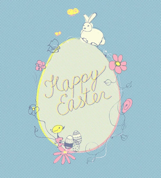 Happy Easter lettering card with Rabbit and chick — Stock Vector