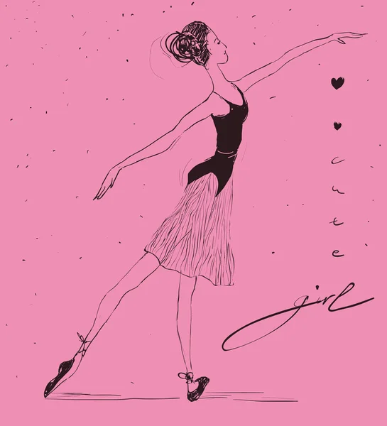 Vector dunne ballerina met hartjes en Cute Girl belettering. — Stockvector