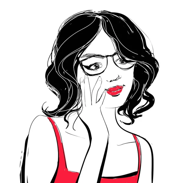 Vektor schöne junge Frau mit lockigen dunklen Haaren hält ihre schwarze Brille. Illustration im Modestil. — Stockvektor