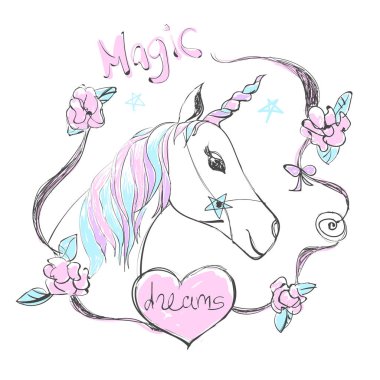 Gökkuşağı renkleri yele ve boynuz olan fantastik at. Sihirli rüyalar metni ile şirin illüstrasyon vektör.