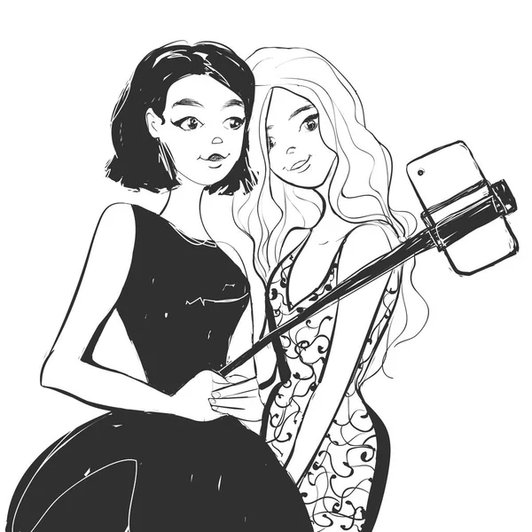Dwie młode kobiety co selfie za pomocą kija. Ilustracja wektorowa. — Wektor stockowy
