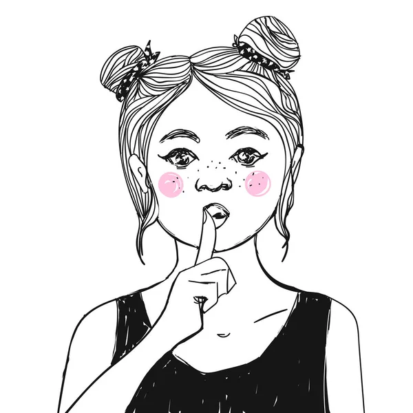 Gadis dengan bintik-bintik, pipi merah muda membuat tanda Shh meminta keheningan dengan jari di bibirnya. Ilustrasi vektor . - Stok Vektor