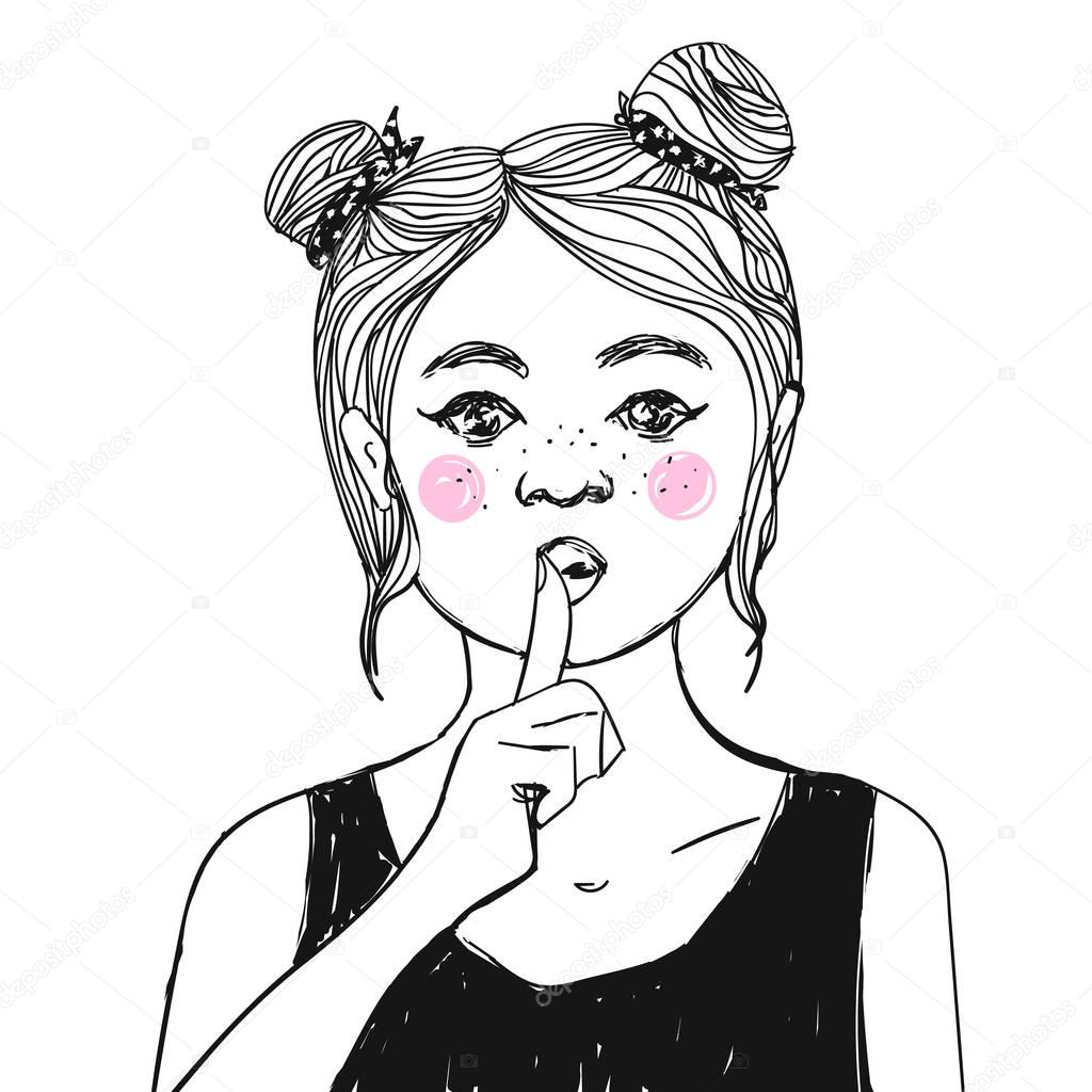 Girl with freckles, pink cheeks making Shh sign - asking for silence with the finger on her lips. Vector illustration.