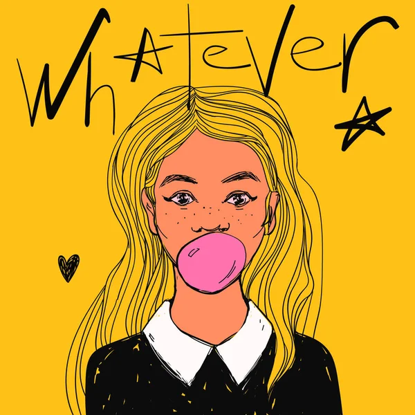 Hermosa chica con chicle, pelo largo y cuello blanco. Vector dibujado a mano ilustración de arte pop y cualquier texto . — Vector de stock