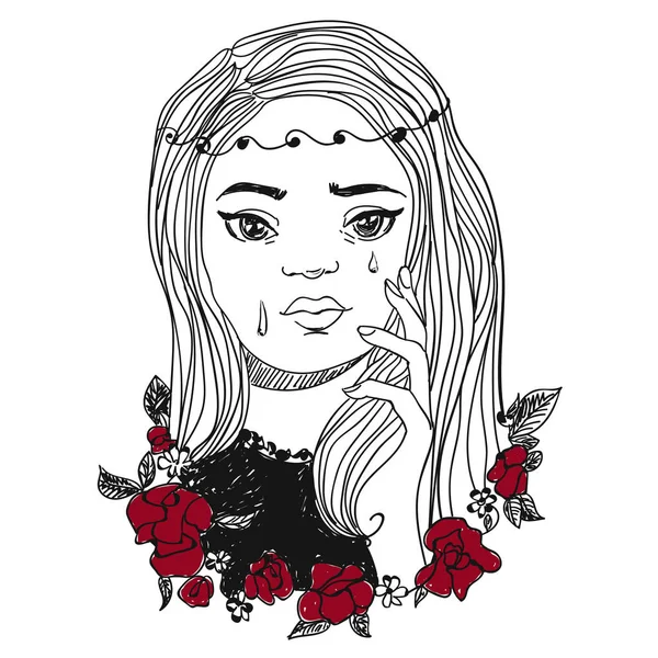Gråtande kvinna vektorillustration. Flickor känslor ansikte och blommor. — Stock vektor