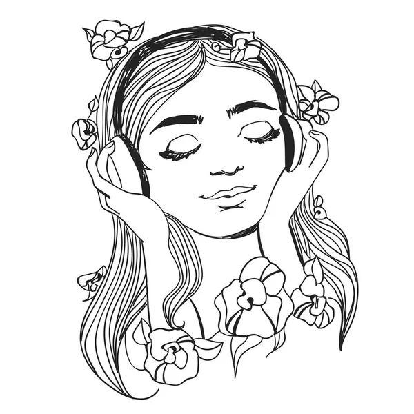Vacker kvinna med hörlurar och blommor. Musik vektorillustration. — Stock vektor